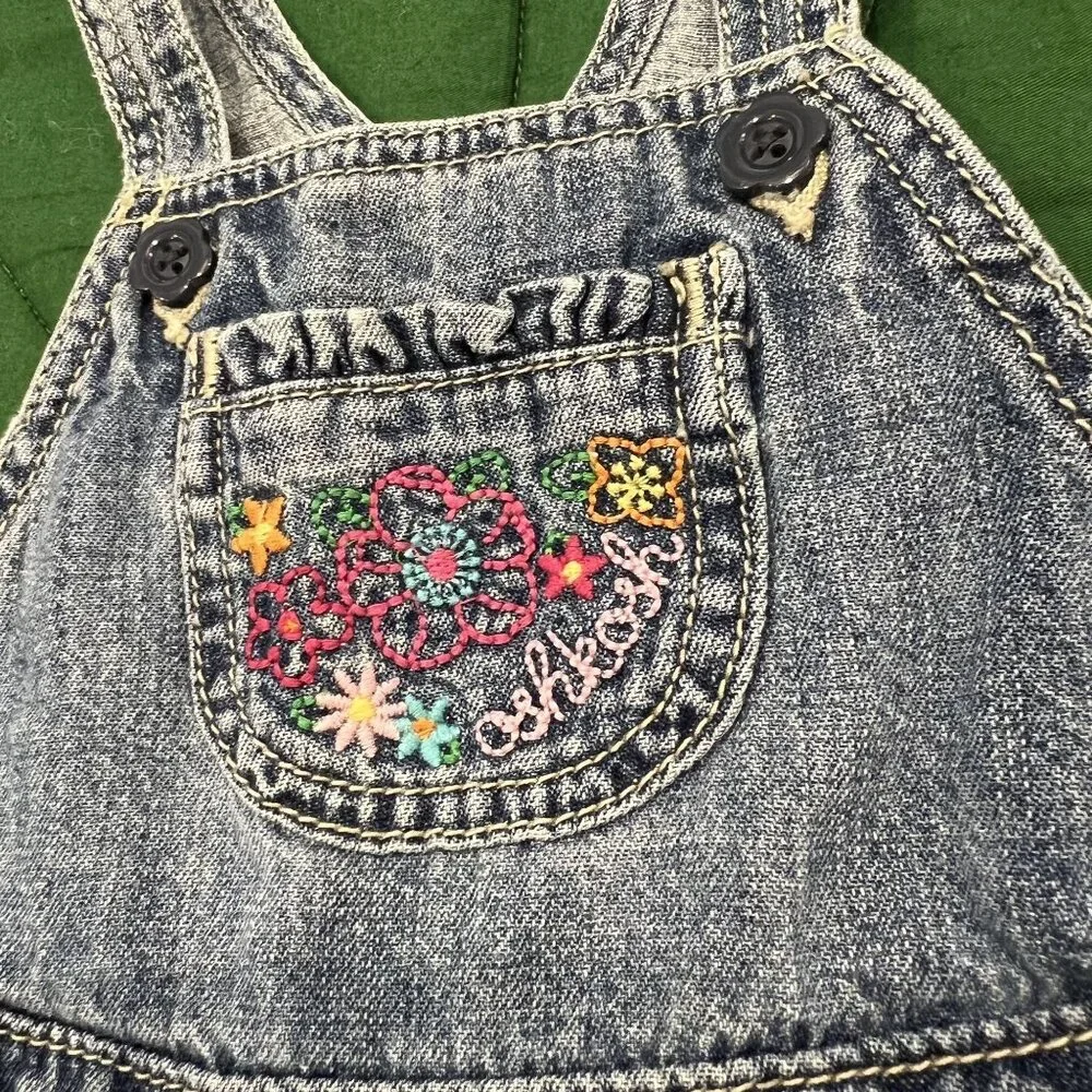 OshKosh B'Gosh 12M Denim Bubble Romper Overalls Floral Embroidered Jean